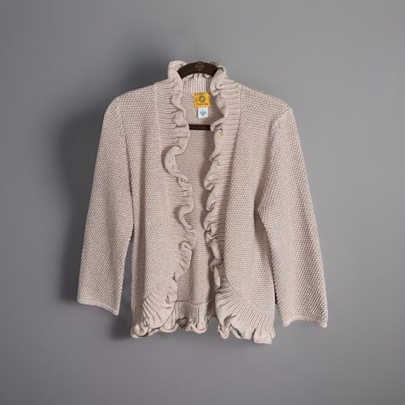 Ruby Rd Blush Metallic Ruffle Open Front Cardigan Sweater Womens Size Large - Picture 1 of 6
